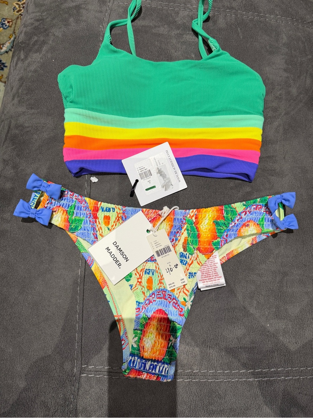 Anthropologie Green Ribbed Crop Top & Multicolor Print Bikini Bottoms - Picture 1 of 7
